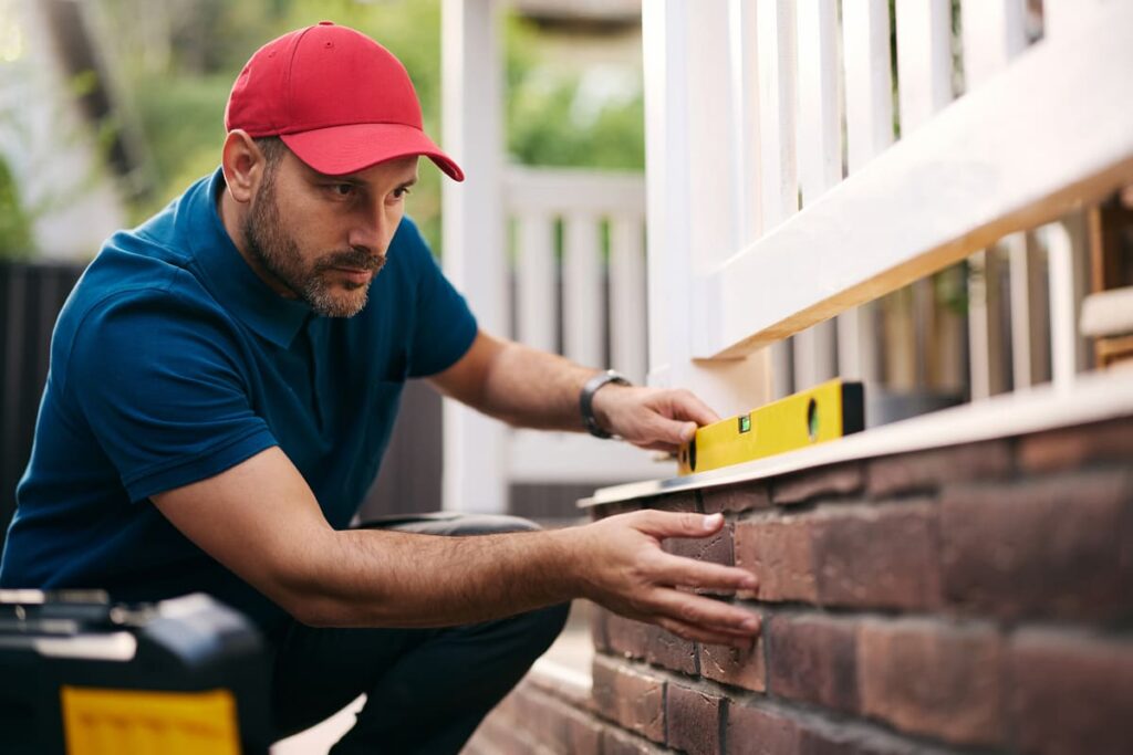 - A local contractor uses a level to ensure accuracy while working on a brick home foundation